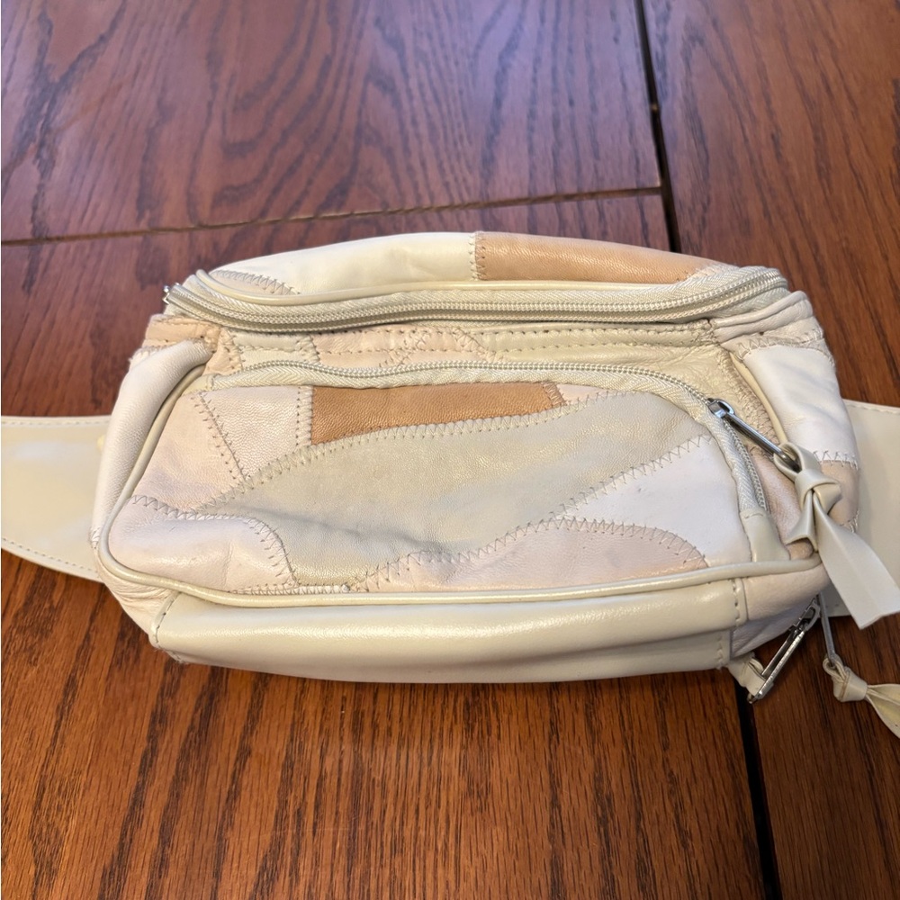 Vtg boho leather patchwork belt bag fanny waist pack 2 pockets cream champagne